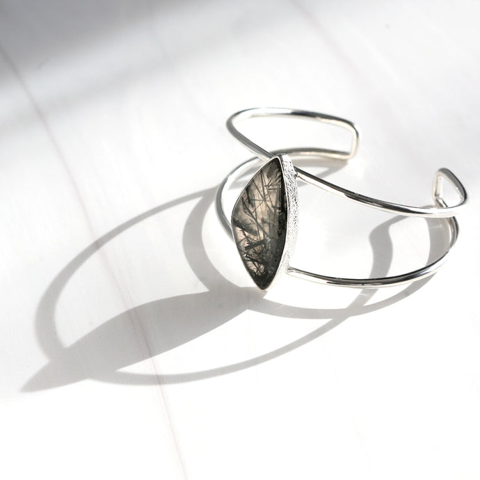 Triangular black tourmalinated quartz cuff bracelet