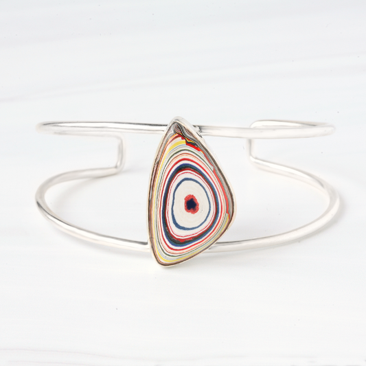 Triangular Fordite silver cuff bracelet
