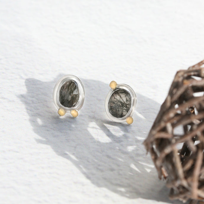 Handmade Small Black Tourmalinated quartz earrings