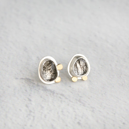 18k and silver black tourmalinated quartz post earrings