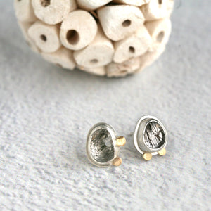 Dainty 18k and silver black tourmalinated quartz post earrings