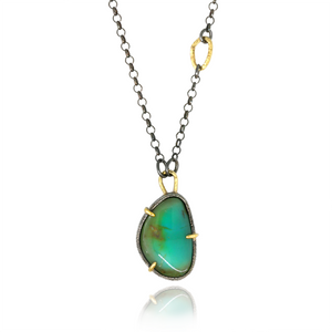 Handmade Green Turquoise Pendant Necklace in 18k gold and Oxidized Silver