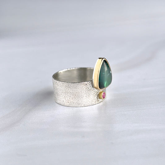 Green Triangular Tourmaline with Ruby in 18k Gold - JANICE