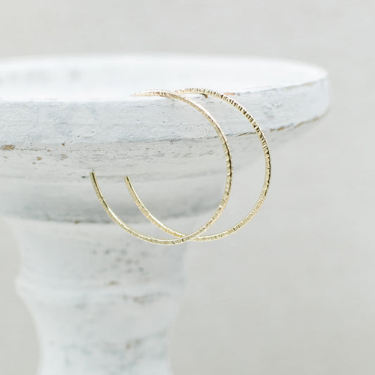 14k Yellow Gold Filled Textured Hoop Post Earrings - Large RIPPLE Hoops