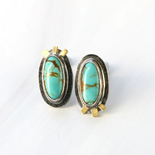 Oval Tyrone Turquoise Asymmetric Post Earrings with 18k Gold Accent - ANGELA 3