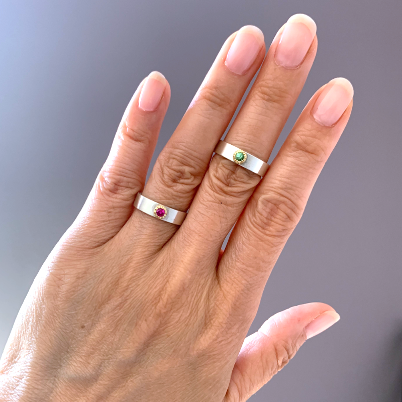 18k Gold and Silver and Tsavorite and Ruby Ring