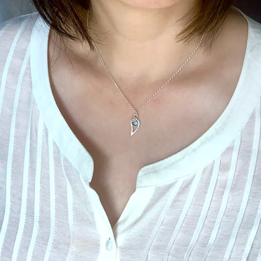 Silver Paisley and Rainbow Moonstone Pendant Necklace