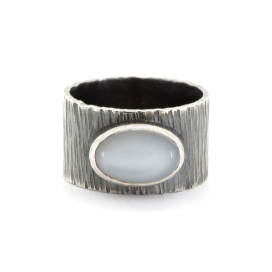 White Moonstone Textured Silver Wide Band Ring