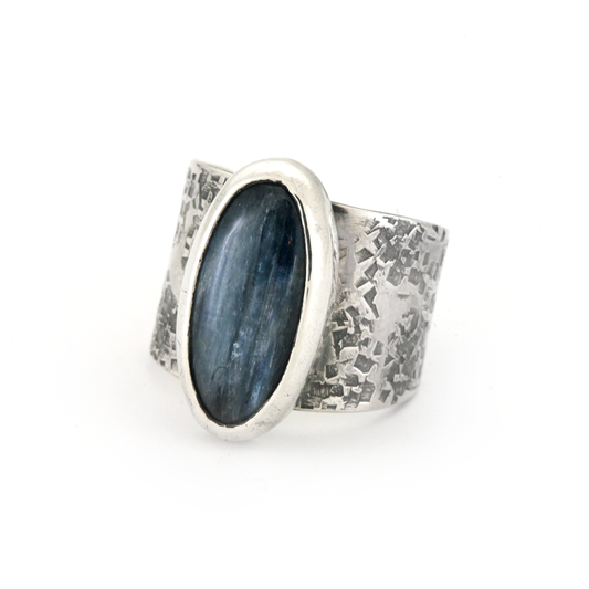 Artisan crafted kyanite ring wide band