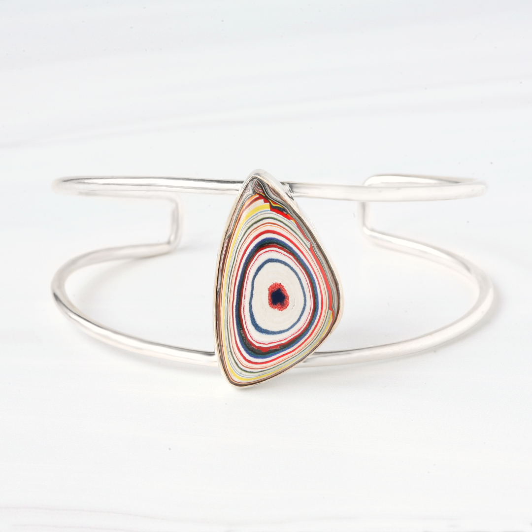 Triangular Fordite silver cuff bracelet