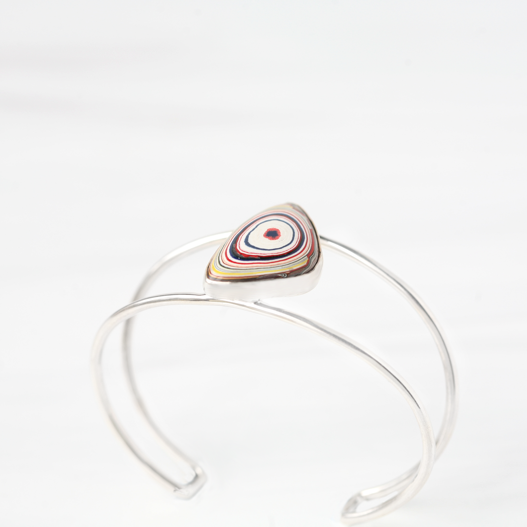 Triangular Fordite silver cuff bracelet