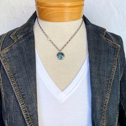 Modern Bolder Opal Necklace in 18k Gold and Oxidized Silver