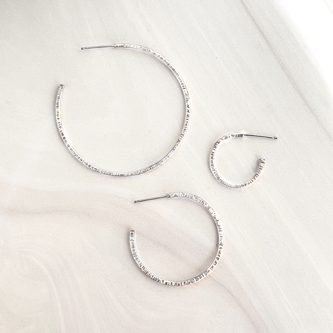 Large Sterling Silver Textured Hoop Post Earrings Black Sand Designs