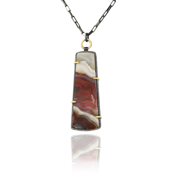 Mexican Crazy Lace Agate Pendent Necklace in 18k Gold and Oxidized Silver - ROSA Necklace