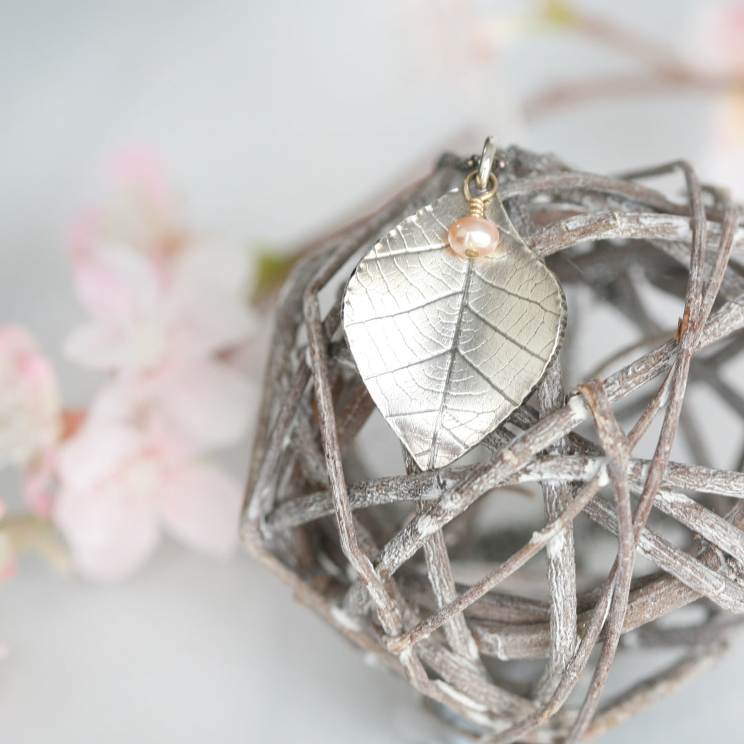 Handmade Silver Leaf Pendant Necklace with Pearl Dangle
