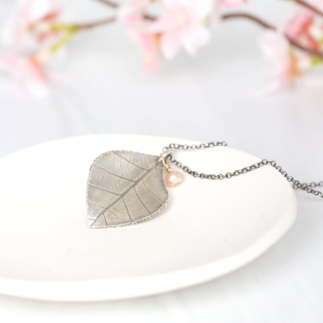 Handmade Silver Leaf Pendant Necklace with Pearl Dangle