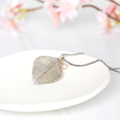Handmade Silver Leaf Pendant Necklace with Pearl Dangle