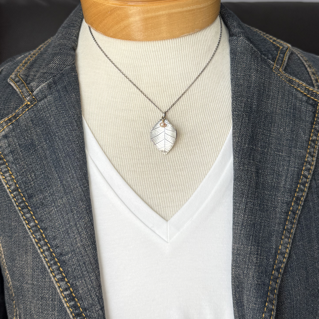 Handmade Silver Leaf Pendant Necklace with Pearl Dangle by Black Sand Designs