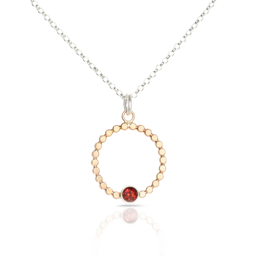 Beaded Gold Filled Circle and Garnet Pendant Necklace Minimalist