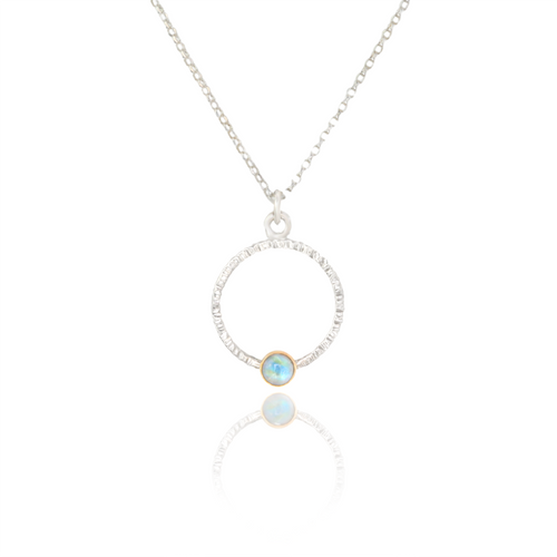 Rainbow Moonstone Circle Pendant Necklace in 14k Gold and Silver - LUNA Necklace