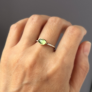 Green Tourmaline East West Setting in 14k gold and silver stacking ring