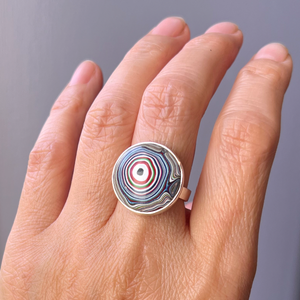 Modern Upcycled Round Fordite Silver Ring - Detroit Agate Ring