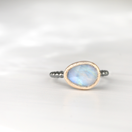 Freeform Rainbow Moonstone Ring in 14k Gold and Silver - Mahina Ring