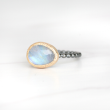 Freeform Rainbow Moonstone ring in 14k gold and silver