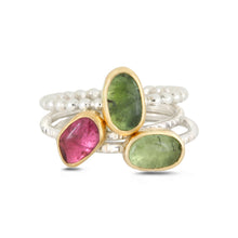 Tourmaline stacking rings in gold and silver