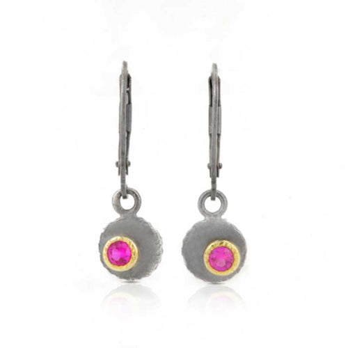 18k Yellow Gold Oxidized Silver and Ruby Lever Back Earrings