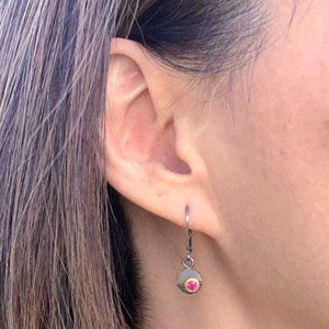 18k Yellow Gold Oxidized Silver and Ruby Lever Back Earrings On Ear
