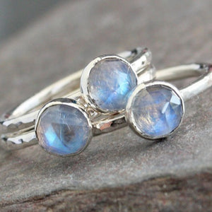 Rainbow Moonstone and Hammered Silver Stacking Ring - PLUMERIA