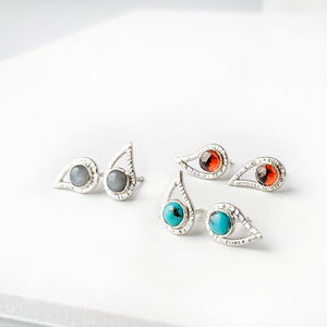 Silver Paisley Gemstone Stud Earrings in Rainbow Moonstone