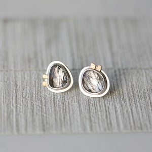 Sterling Silver Black Tourmalinated Quartz Post Earrings with 14k Gold Accents
