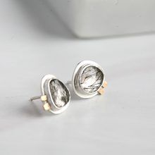 Sterling Silver Black Tourmalinated Quartz Post Earrings with 14k Gold Accents