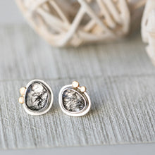 Black Tourmalinated Quartz Post Earrings in Sterling Silver and 14k Gold Accents