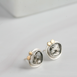 Black Tourmalinated Quartz Post Earrings in Sterling Silver and 14k Gold Accents