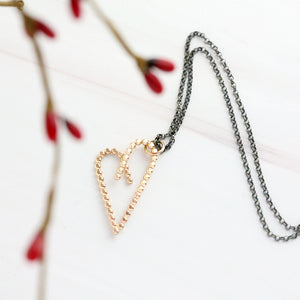 14k gold-filled asymmetric heart pendant with oxidized necklace