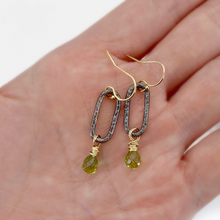 Silver and Gold Oval and Green Peridot Drop Earrings