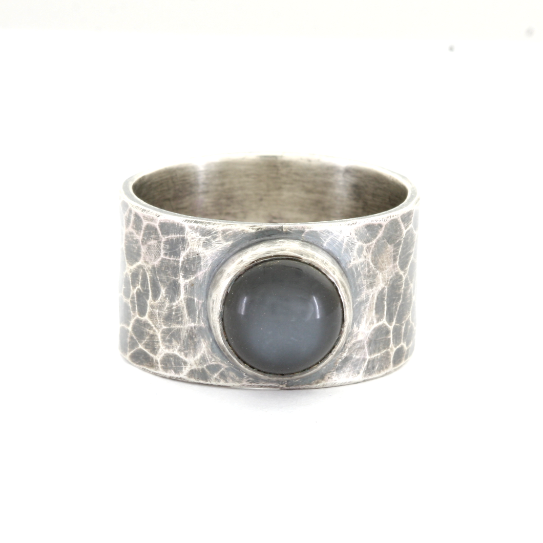 Black Moonstone and Oxidized Sterling Silver Ring Wide Band