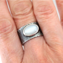 White Moonstone Textured Silver Wide Band Ring