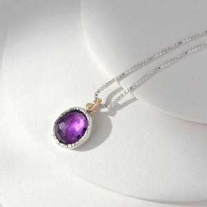 Purple freeform rose cut amethyst necklace in silver and 14k gold