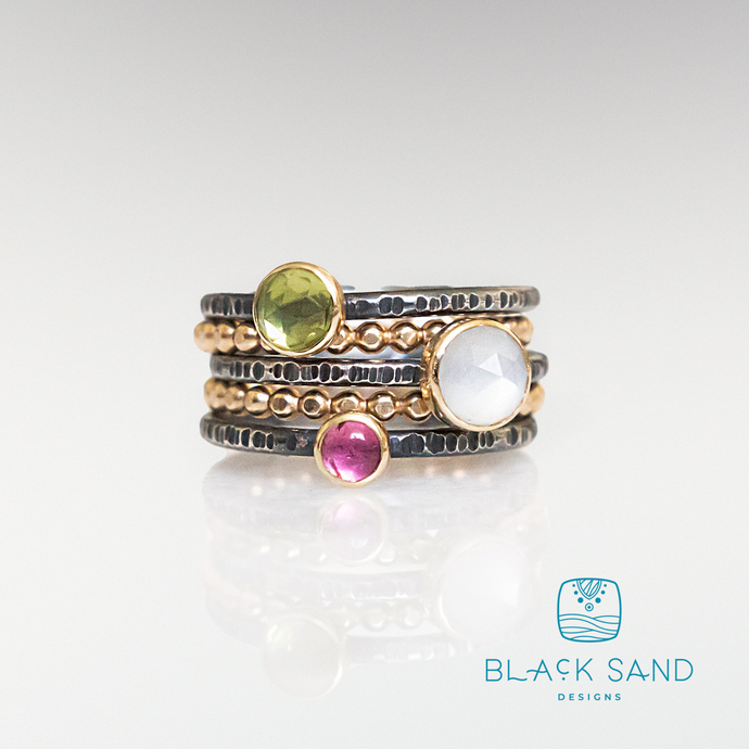 14k Gold Silver and Gemstone Stacking Rings