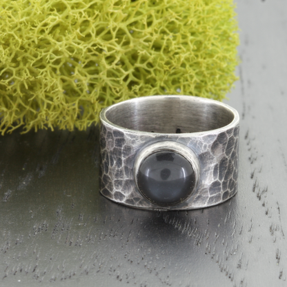 Black Moonstone and Oxidized Sterling Silver Ring Wide Band