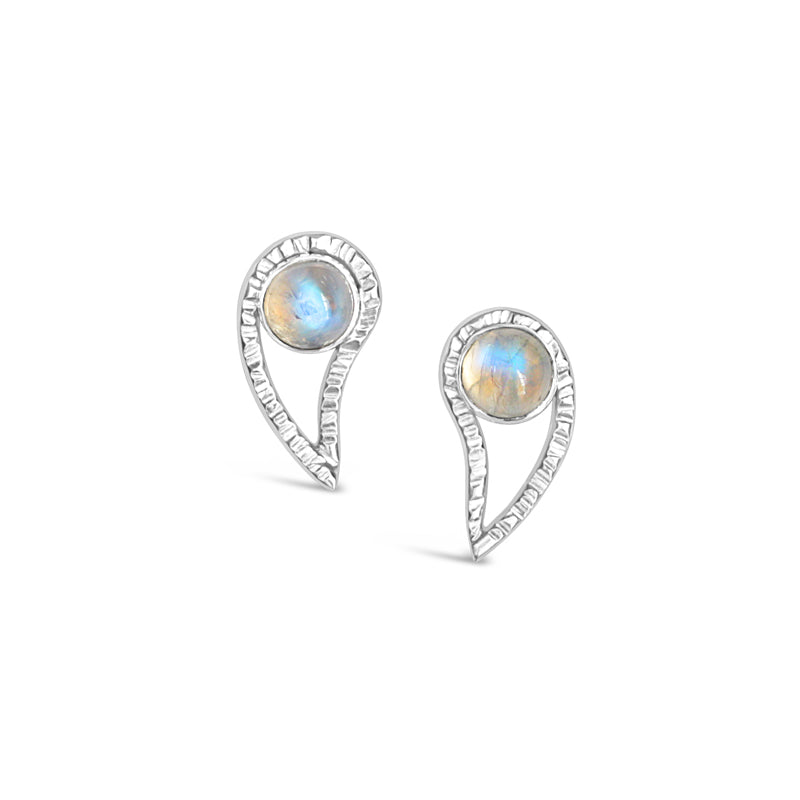 Silver Paisley Gemstone Stud Earrings in Rainbow Moonstone