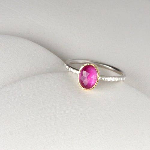 Rose cut hot pink sapphire ring with 14k bezel and silver band