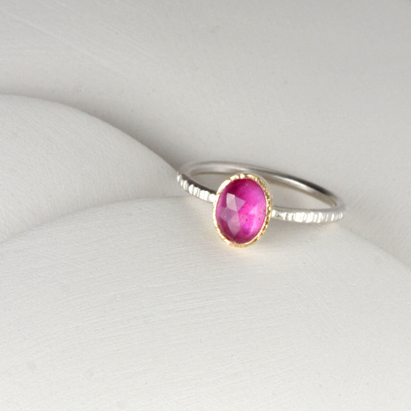 14k Gold and Silver Rose Cut Pink Sapphire Ring – Black Sand