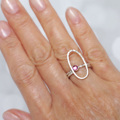 Oval silver textured geometric ring with stacking gemstone ring