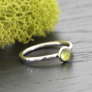 Rose Cut Peridot and Hammered Silver Ring