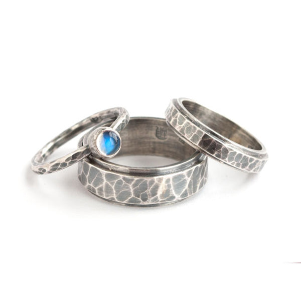 Recycled-Sterling-Silver-Rainbow-Moonstone-Hammered-Wedding-Bands